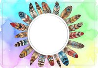 Colorful feathers arranged in circular frame on watercolor gradient background, isolated design element for invitations, posters, and creative projects.