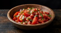 Fresh tomato salad with herbs and onions served in rustic wooden bowl on dark table for healthy Mediterranean cuisine and cooking concepts.