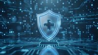 Digital healthcare security shield with medical cross symbol on futuristic technology background with glowing data connections and cyber protection elements.