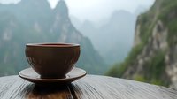 Brown ceramic cup with saucer on wooden surface against misty mountain landscape backdrop, creating serene morning atmosphere for wellness and meditation concepts.