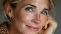 Close-up portrait of middle-aged woman with freckles and blonde hair smiling gently while resting her face on hand against neutral background.