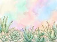 Watercolor succulents and aloe plants on a soft pastel rainbow background, blending teal, pink, and peach tones for a dreamy botanical art print.