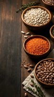 Assorted legumes and pulses in wooden bowls on rustic dark wood surface with fresh herbs, showcasing white beans, red lentils, and chickpeas for cooking and nutrition.