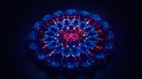 Glowing fractal mandala with radiant blue and red energy particles forming symmetrical geometric patterns against dark background for digital art projects.