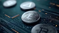 Silver cryptocurrency coins on circuit board with digital connections, representing modern financial technology and digital payment systems.