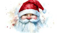 Cheerful Santa Claus face with rosy cheeks and fluffy white beard in watercolor style, wearing traditional red and white hat against light background.