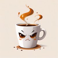 Grumpy coffee cup character with angry eyes and steam rising, illustrated in minimalist style on beige background. Isolated design for cafe branding and merchandise.