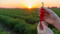 Fresh red chili pepper held in hands against golden sunset over green agricultural field. Organic farming and spicy vegetable harvest concept.