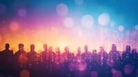 Urban skyline silhouette against vibrant sunset sky with glowing lights, bokeh effects and digital network connections creating futuristic cityscape atmosphere.