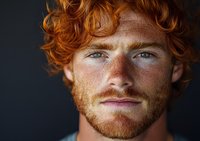 Close up portrait of young Caucasian male with bright ginger curly hair, freckles and beard against dark background. Natural daylight highlights facial features.