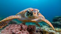 Green sea turtle swimming close to coral reef in tropical ocean waters, showing detailed facial features and shell pattern against vibrant blue background.