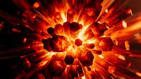 Explosive burst of glowing red and orange fire particles radiating outward from center against dark background, dynamic energy effect for motion graphics and visual effects projects.