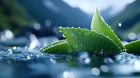 Fresh green leaf with water drops floating on water surface against blurred blue background, creating serene natural macro photography with bokeh effect.