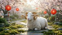 White goat with curved horns standing in blooming orchard with red lanterns, moss-covered ground, and cherry blossoms, suitable for lunar new year celebrations and festive design projects.