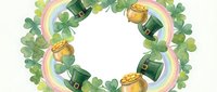 St. Patrick's Day wreath with green leprechaun hats, gold coins and four-leaf clovers on white background. Holiday decoration for Irish celebration.