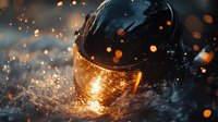 Dramatic motorcycle helmet with orange sparks and water droplets in dark atmospheric setting, creating dynamic contrast between fire and water elements.