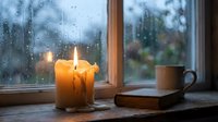 Cozy rainy day scene with burning candles on wooden windowsill, raindrops on glass, warm atmospheric lighting for relaxation and comfort concepts.