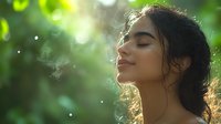 Young Hispanic woman with closed eyes and serene expression in sunlit garden setting, backlit with natural bokeh effect and ethereal atmosphere, loose hair strands glowing in sunlight.