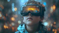 Young boy wearing virtual reality headset with futuristic city reflection in glasses against blurred bokeh lights background creating magical atmosphere.
