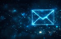 Glowing blue neon envelope icon floating in dark space with sparkles and bokeh effects, representing digital communication and email technology.