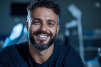 Middle Eastern man with beard and bright smile wearing black t-shirt against dark background with blue lighting. Professional headshot style portrait showing confidence and joy.