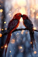 Two red parrots perched on branch sharing tender moment amid falling snow and magical bokeh lights creating romantic winter atmosphere for Valentine designs.