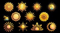 Bright sun icons collection with various golden and orange designs, isolated on transparent background. Ready for t-shirt designs, clipart, stickers, sublimation, print-on-demand products and digital crafts.