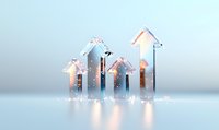 Glowing upward arrows with sparkles and light effects on reflective surface, symbolizing growth, success and financial progress in business concept.