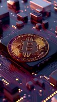 Golden cryptocurrency coin on circuit board with glowing elements and microchips in dramatic lighting, representing digital finance and blockchain technology.
