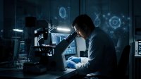 Male scientist in laboratory examining sample under microscope with digital holographic interface technology for medical research and scientific discovery.
