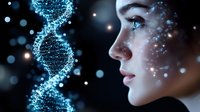 Young Caucasian woman in profile view with glowing DNA helix structure and sparkles on dark background representing genetic research, biotechnology and science.