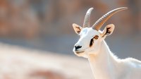 White antelope with curved horns against blurred natural background, showcasing wildlife in natural habitat.