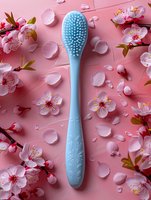 Blue silicone massage brush surrounded by delicate pink cherry blossoms and scattered petals on pink background, creating spa and wellness composition.