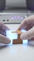 Close-up of hands assembling wooden and glowing blocks with illuminated tech equipment in background, representing problem-solving and innovation.