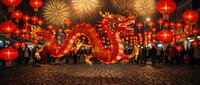 Vibrant red dragon sculpture glows under festive lanterns and fireworks during a traditional lunar new year street celebration at night.