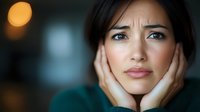 Young Asian woman with concerned expression holding face in hands against dark background with soft bokeh lights, conveying worry, anxiety and stress.