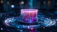 Futuristic holographic cylinder with glowing purple and blue light effects on digital platform with circular energy rings and bokeh background for tech concepts.