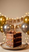 Chocolate birthday cake slice with lit candle on plate surrounded by golden and silver balloons with warm bokeh lights for celebration party.
