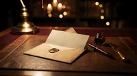 Vintage letter with red wax seal on wooden desk with quill pen and inkwell in candlelit room creating warm atmospheric lighting for correspondence.