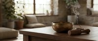 Tibetan singing bowl with wooden mallet on table releasing aromatic smoke in serene meditation room with soft natural lighting for wellness practices.