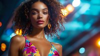 Young African American woman with natural curly hair wearing colorful floral dress against blurred nightlife background with bokeh lights and vibrant blue atmosphere.