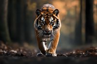 Majestic Bengal tiger walking directly toward camera on forest path with intense gaze and powerful stance against dark atmospheric background.