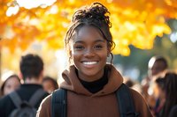 Young African American woman with natural curly hair updo wearing brown hoodie smiling outdoors against blurred autumn background with golden foliage.