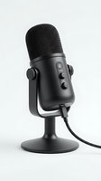 Black desktop microphone with stand and cable isolated on white background, ready for podcasting, streaming, voiceover, and recording projects.