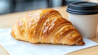 Fresh baked golden croissant on white paper with coffee cup in background, close up view showing flaky layered pastry texture and buttery shine.