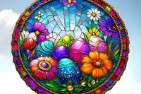 Vibrant stained glass window design featuring colorful spring flowers, Easter eggs, and geometric patterns in round frame against soft sky background.