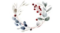 Watercolor wreath with eucalyptus leaves in soft blue-gray tones and burgundy berries on white background, botanical round frame for wedding stationery and design.