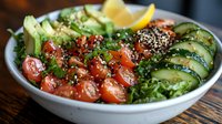 Fresh poke bowl with raw salmon, cherry tomatoes, sliced cucumber, avocado and sesame seeds served in white ceramic bowl on wooden surface.
