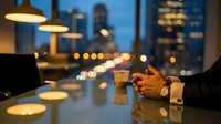 Professional businessman hands clasped on conference table during evening meeting with city skyline bokeh lights background for corporate presentations.