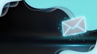 Glowing email envelope icon floating above dark flowing liquid waves with light particles on turquoise background for digital communication concepts.